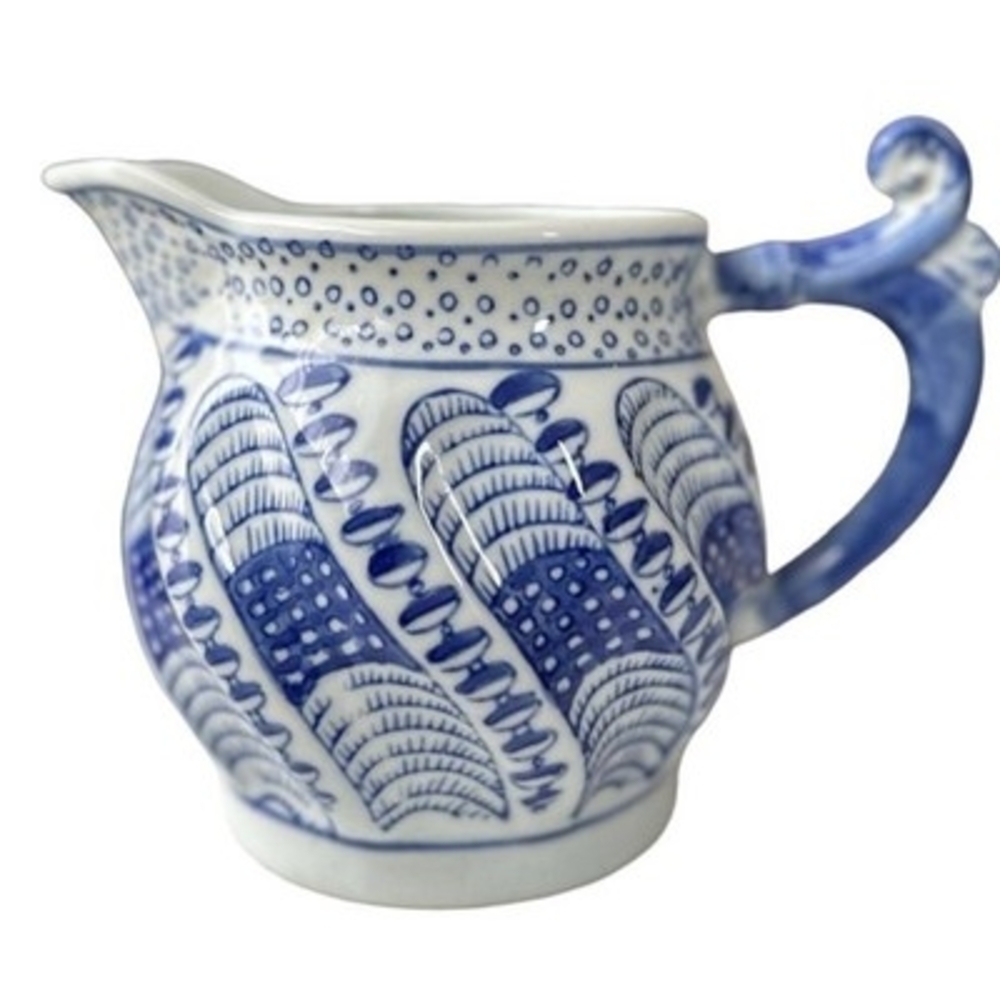 Vintage Blue White Geometric Pattern Porcelain Pitcher China 6" Oriental Marked